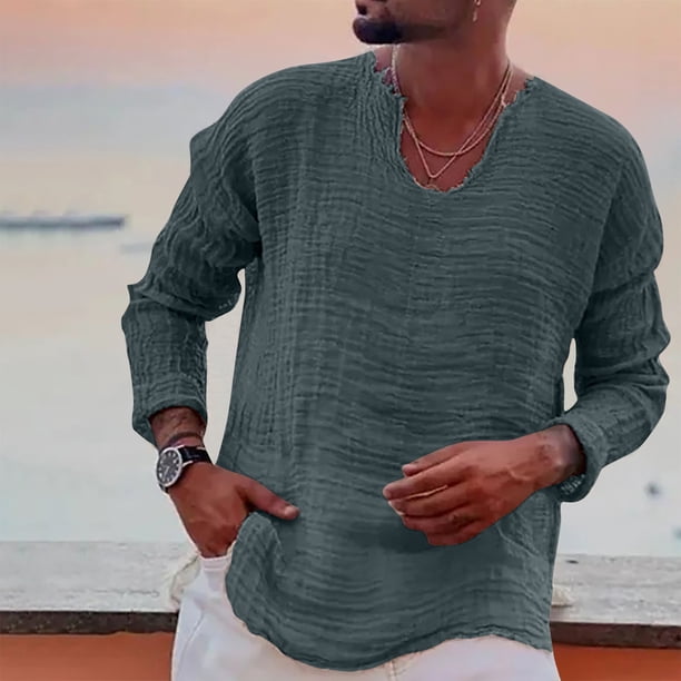 pstuiky manga larga para hombre, Camiseta de manga larga con cuello en V para hombre, color liso, a la moda Tops de talla grande para hombre xxl
