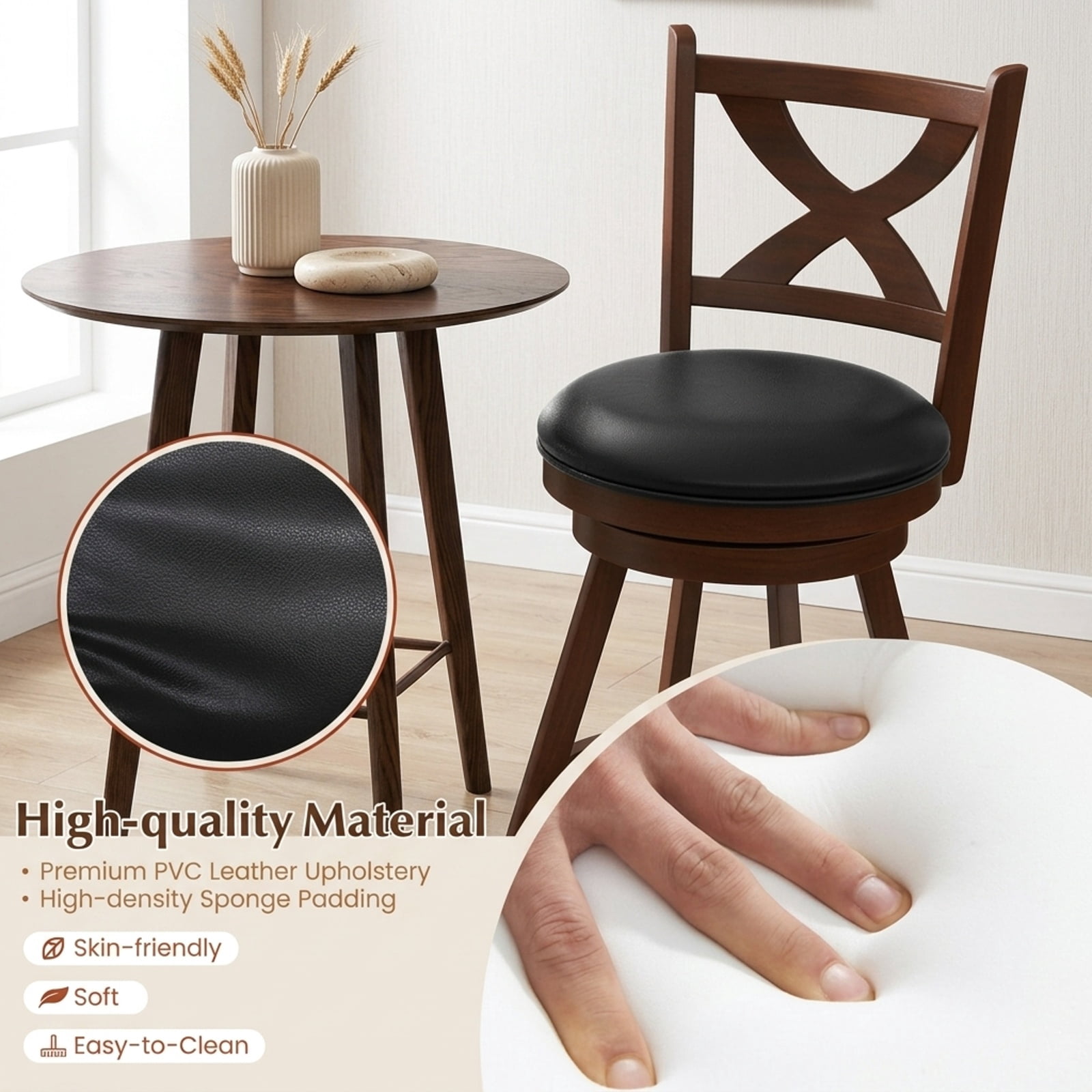 Furnibear 2 Pieces Classic Counter Height Swivel Bar Stool Set with X-shaped Open Back-24 Inch for Kitchen Island Counter Bar Pub Dining, Espresso