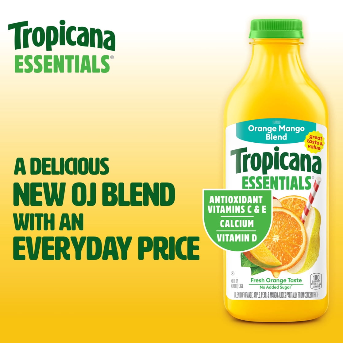 Tropicana Essentials Flavored Orange Mango Juice Beverage Blend With Other Fruit, No Pulp, 46 fl oz Bottle