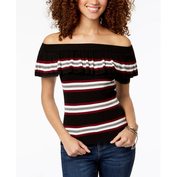 Hooked Up By Iot Juniors Striped Off The Shoulder Flounce Sweater Black Stripe XS