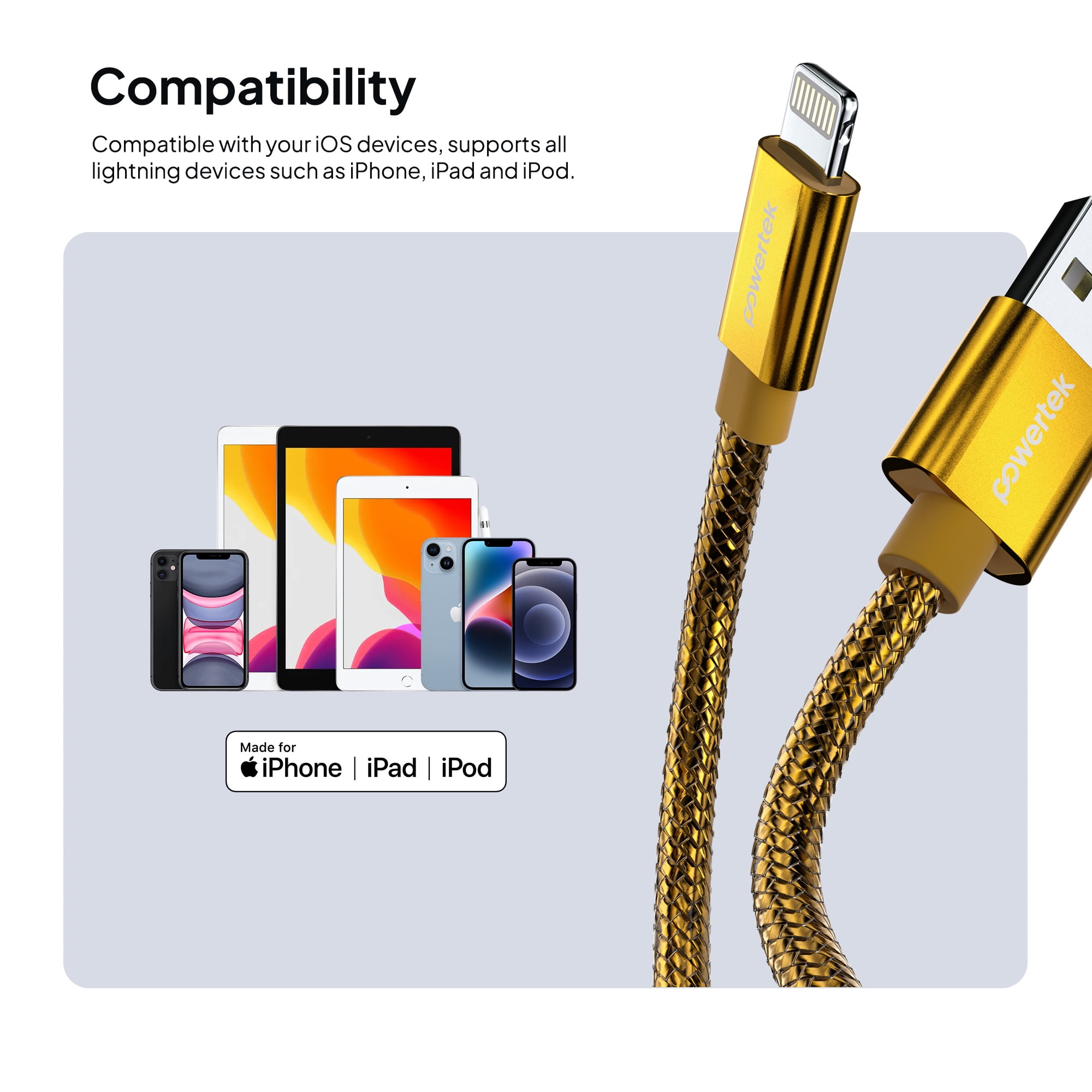Powertek Luxe 6ft USB-A to Lightning Cable, Gold, Fast Charge & Sync, Metallic Mesh PVC Jacket, Durable Tangle-Free Design