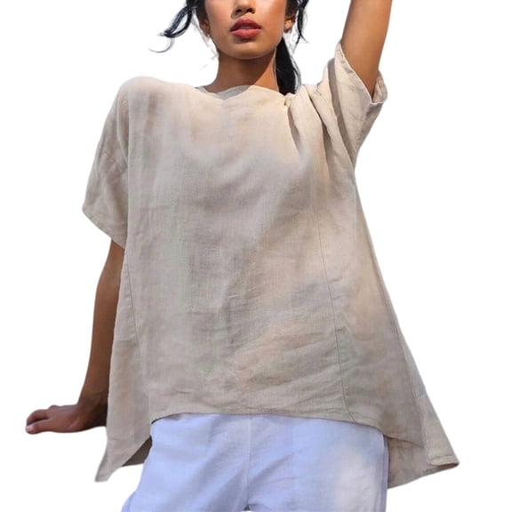 MEICHEN Cotton and Linen Pure Color Irregular Bottom Short Sleeved T Shirt Summer Fashion Clothing for Women