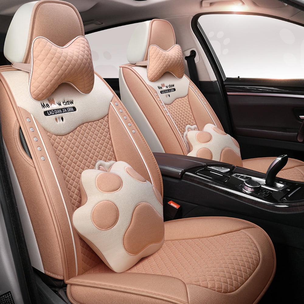 Maidao Car Seat Covers,Breathable and Waterproof Faux Leather Automotive Seat Covers for Cars SUV Truck Sedan,Universal Anti-Slip Driver Seat Cover with Pillow and Backrest Apricot