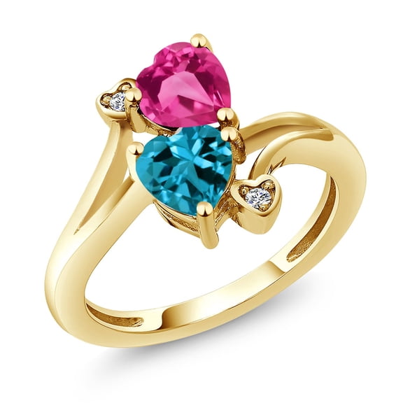 Gem Stone King 18K Yellow Gold Plated Silver Pink Created Sapphire London Blue Topaz and White Lab Grown Diamond Ring for Women (1.78 Cttw, Heart Shape 6MM, Size 7)