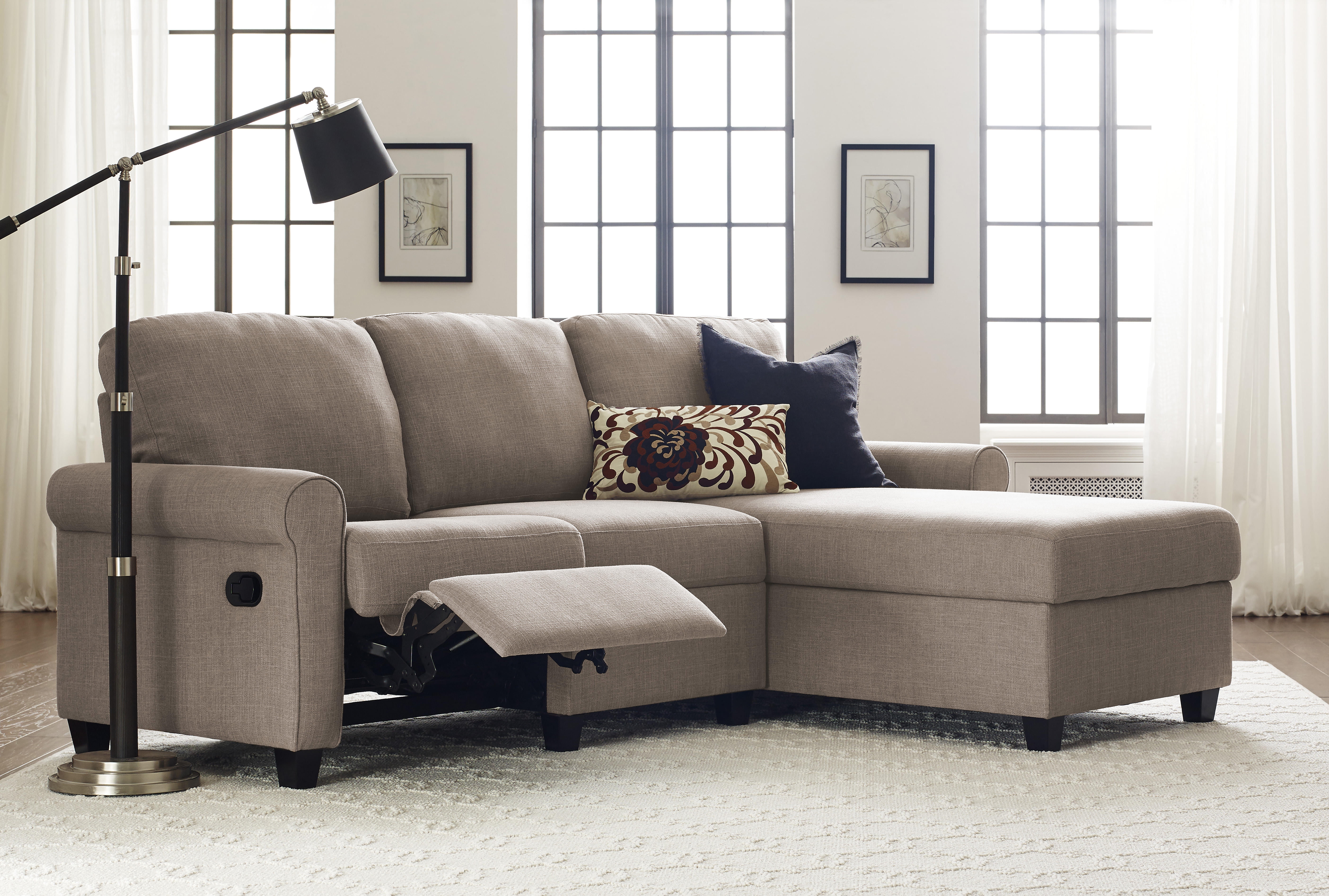 Serta Copenhagen Reclining Sectional, Grey Fabric Sectional Sofas With Recliner And Chaise