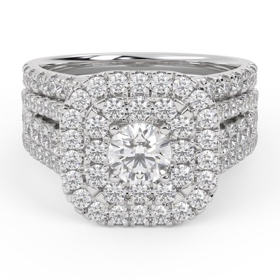 AFFY 3 Row Double Halo Bridal Set Ring for Women, IGI Certified 2.33 Carat (ctw) Round Cut Lab Grown Diamond Engagement Wedding Ring In 14K Solid White Gold F-G, VS-SI Quality Ring Size-4