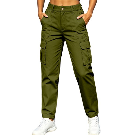 Women's Button Zip Cargo Jogger Pants, Ghalytn Elastic Back Waist Multi-Pocket Casual Outdoor Tapered Trousers