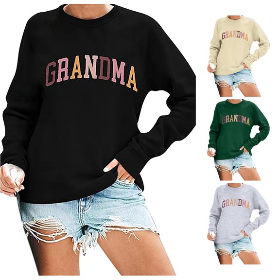 CUZIBR Womens Sweatshirt Colorful Letter Print Crewneck Sweatshirt Long Sleeve Vintage Pullover Casual Graphic Tops Fall Winter Basic Clothes,Black
