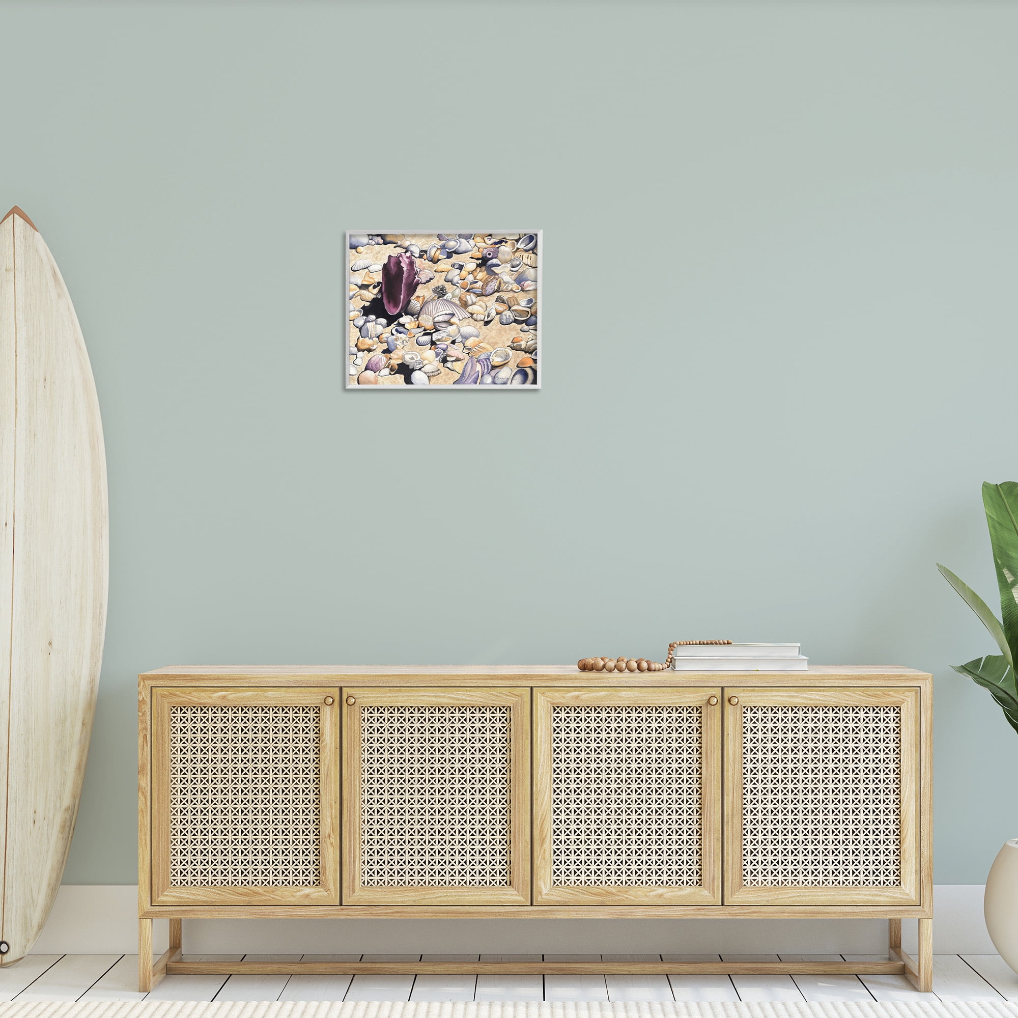 Stupell Industries Various Seashells on Coast Landscape Painting White Framed Art Print Wall Art, 20 x 16