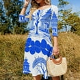 thumbnail image 4 of Blue Willow Chinoiserie Blue And White Women's 3/4 Sleeve Dresses Elegant A-Line Midi Dress Flare Summer Casual Sundress, 4 of 9