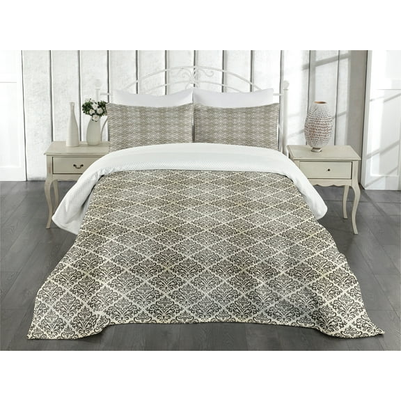Ambesonne Damask Quilted Bedspread Set 3 Pcs, Swirl Motif, King Size, Cream Black