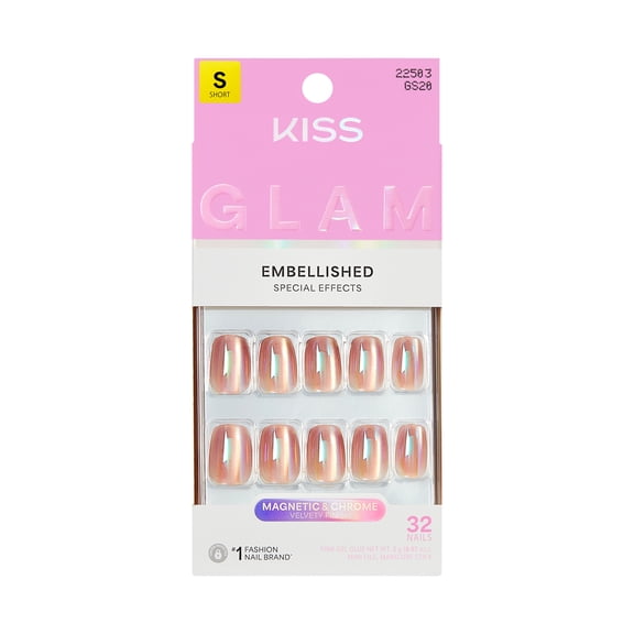 KISS GLAM Embellished Press On Nails, ‘Golden Hour Affairs’, Beige, Short Squoval, 32 Count