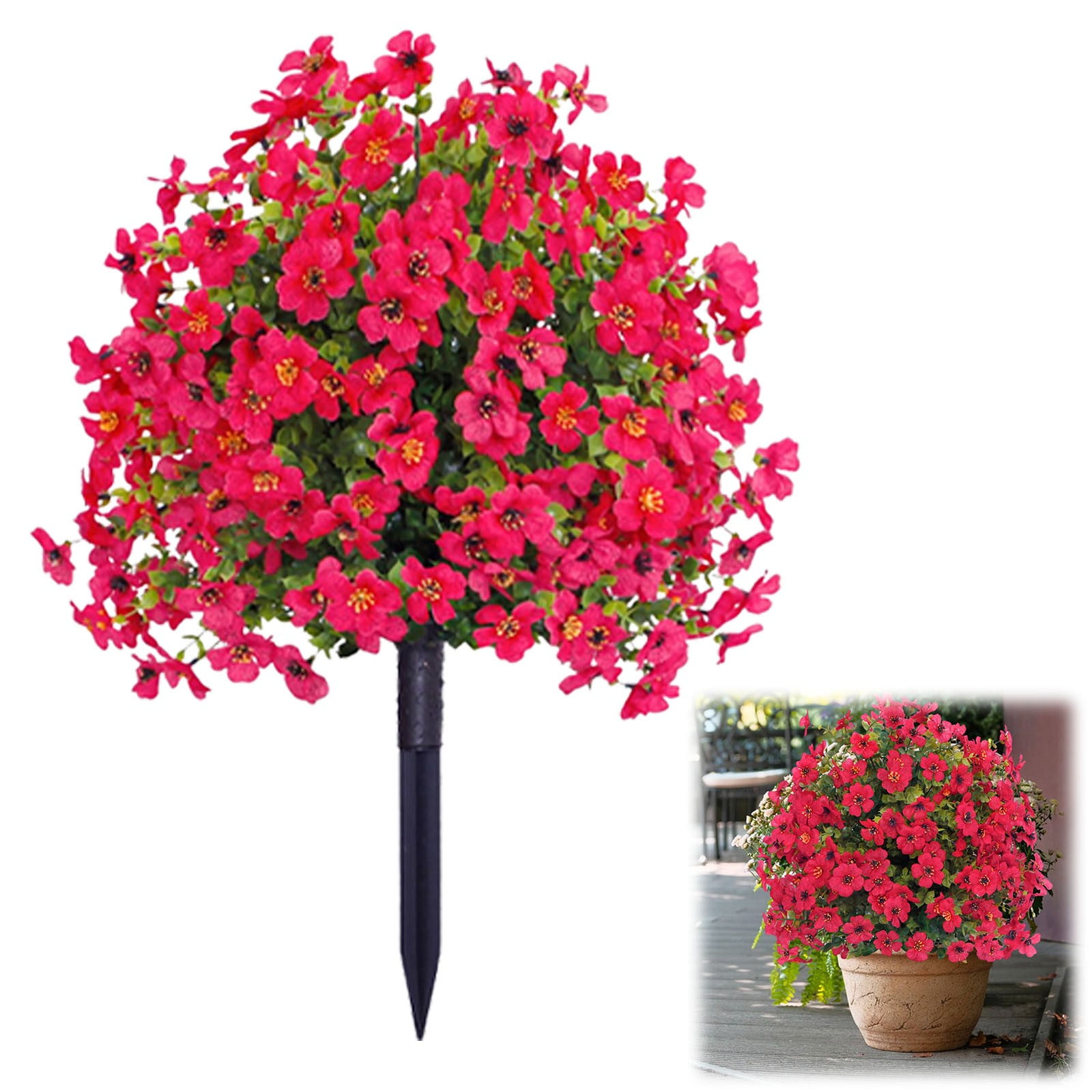 Artificial Plants Outdoor, Red Geraniums Artificial Flowers, Ongmies Artificial Greenery with Garden Stake – 22" Faux Shrubs for Outdoor, Porch & Wedding Decor, 1 Artificial Violet Stake