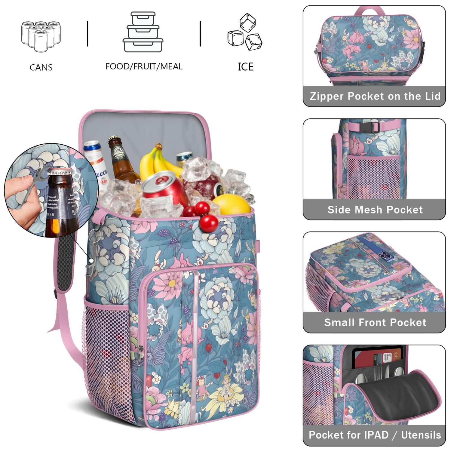 Travel Cooler Bag - Pioneer Flower Floral Print Pattern Camping Beer Cooler Backpack with Bottle Opener- Waterproof Insulated Picnic Backpacks - Cooler Bag for Beach