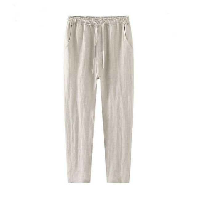 Pantalones de lino para hombre, pantalones largos casuales, pantalones de playa para yoga, holgados y livianos, con cordón