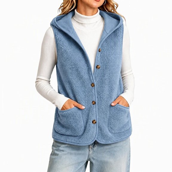 Diufon Womens Fleece Vest Button Down Soft Plush Hooded Sleeveless Jacket Fall Winter Warm Coats with Pockets