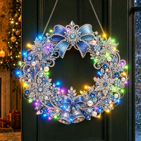 Wreath Christmas Pearl Diamond Painting Pendant Kits with LED String Lights,DIY Acrylic Christmas Diamond Art Hanging Kit for Adults,Christmas Ornaments for Home Party Wall Decor and Gift