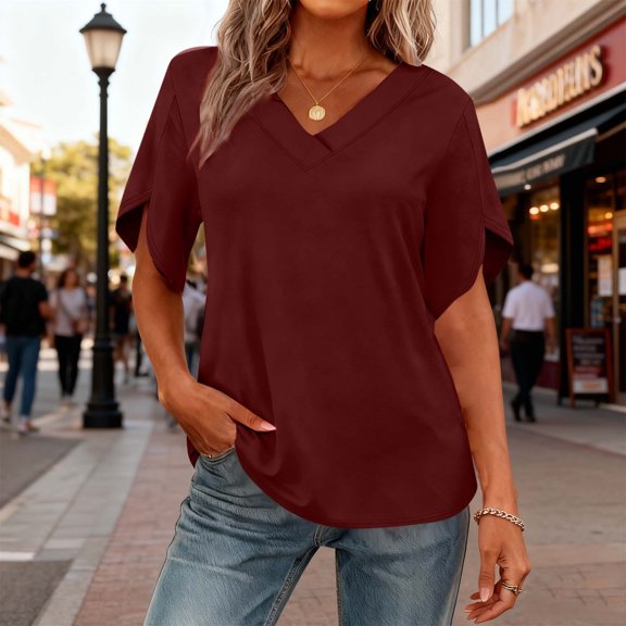 V Neck T Shirts for Women Dressy Casual Blouses Short Sleeve Summer Tops Loose Fitting Tunic Tee Shirt Wine M