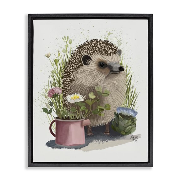 Stupell Industries French Country Hedgehog with Garden Plants Black Floating Frame Canvas Art, 17 x 21, by Fab Funky