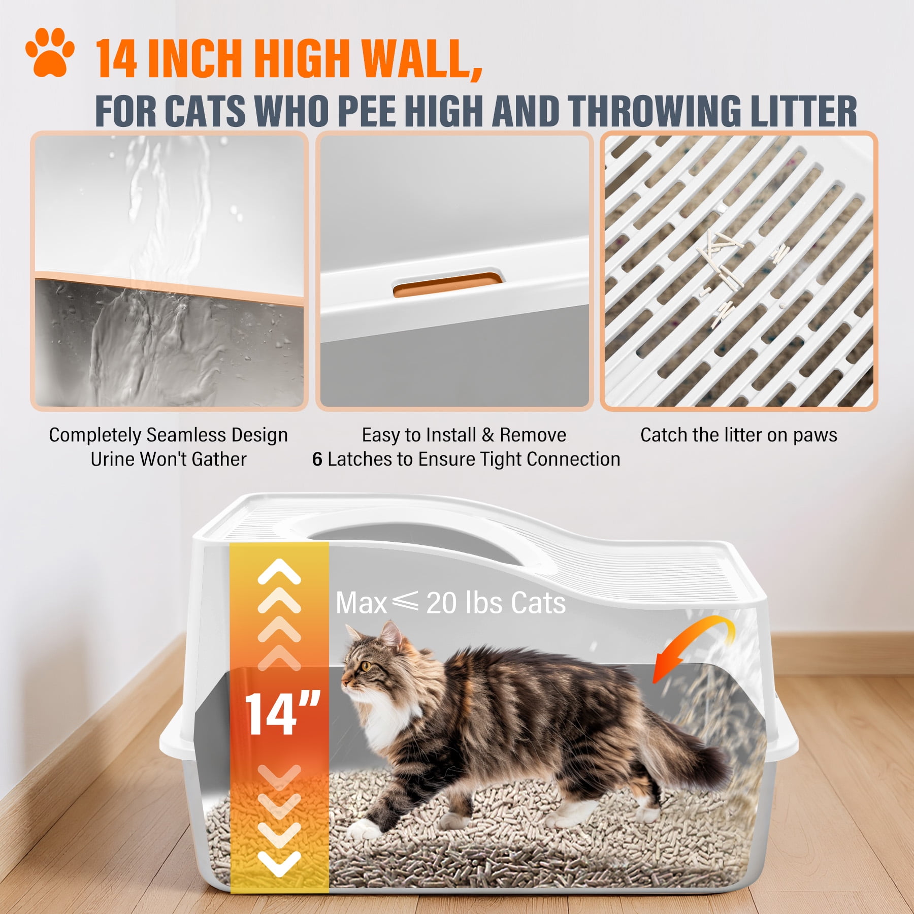 Kettnjoy Top Entry Cat Litter Box with Lid, Stainless Steel XL Enclosed Cat Kitty Litterbox, Extra Large Metal High Side Litter Pan Tray Box Enclosure Easy Cleaning Anti-Leakage, White