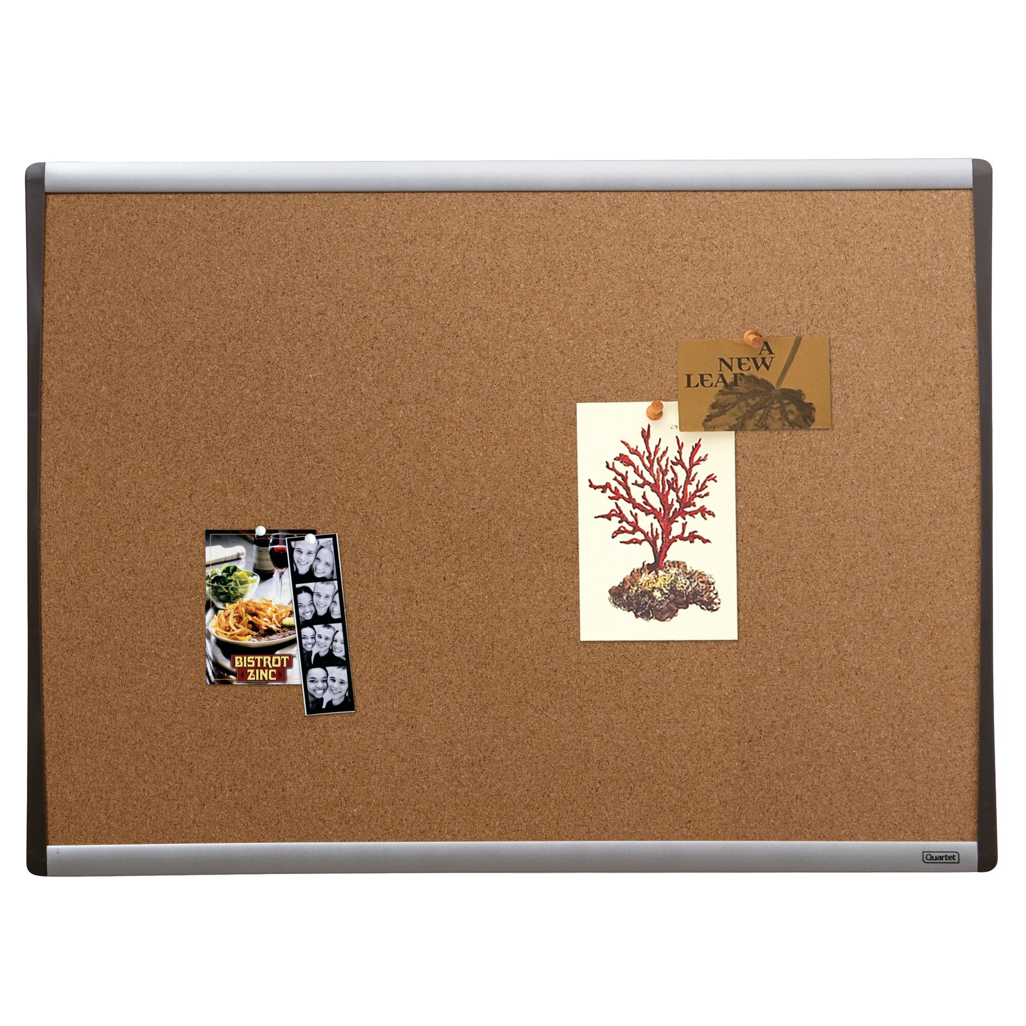 Quartet Cork Bulletin Board, 17" x 23", Black and Silver Frame