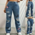 thumbnail image 2 of vigerkar Womens Baggy Ripped Jeans High Waist Butterfly Distressed Straight Leg Jeans Cut Out Boyfriend Denim Pants Blue, XL, 2 of 6
