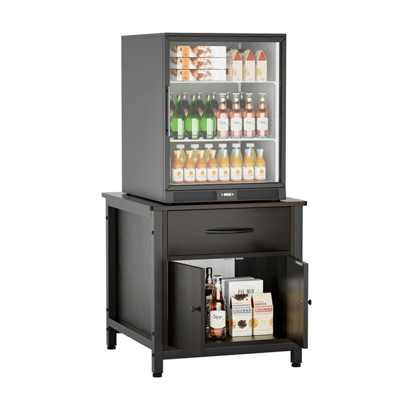 INFANZIA Mini Fridge Stand with Storage, Heavy Duty Mini Fridge Cabinet with Drawer, Solid Wood Beverage Refrigerator Stand Table for Dorm, Office, Bedroom, Load 220LBS, Black