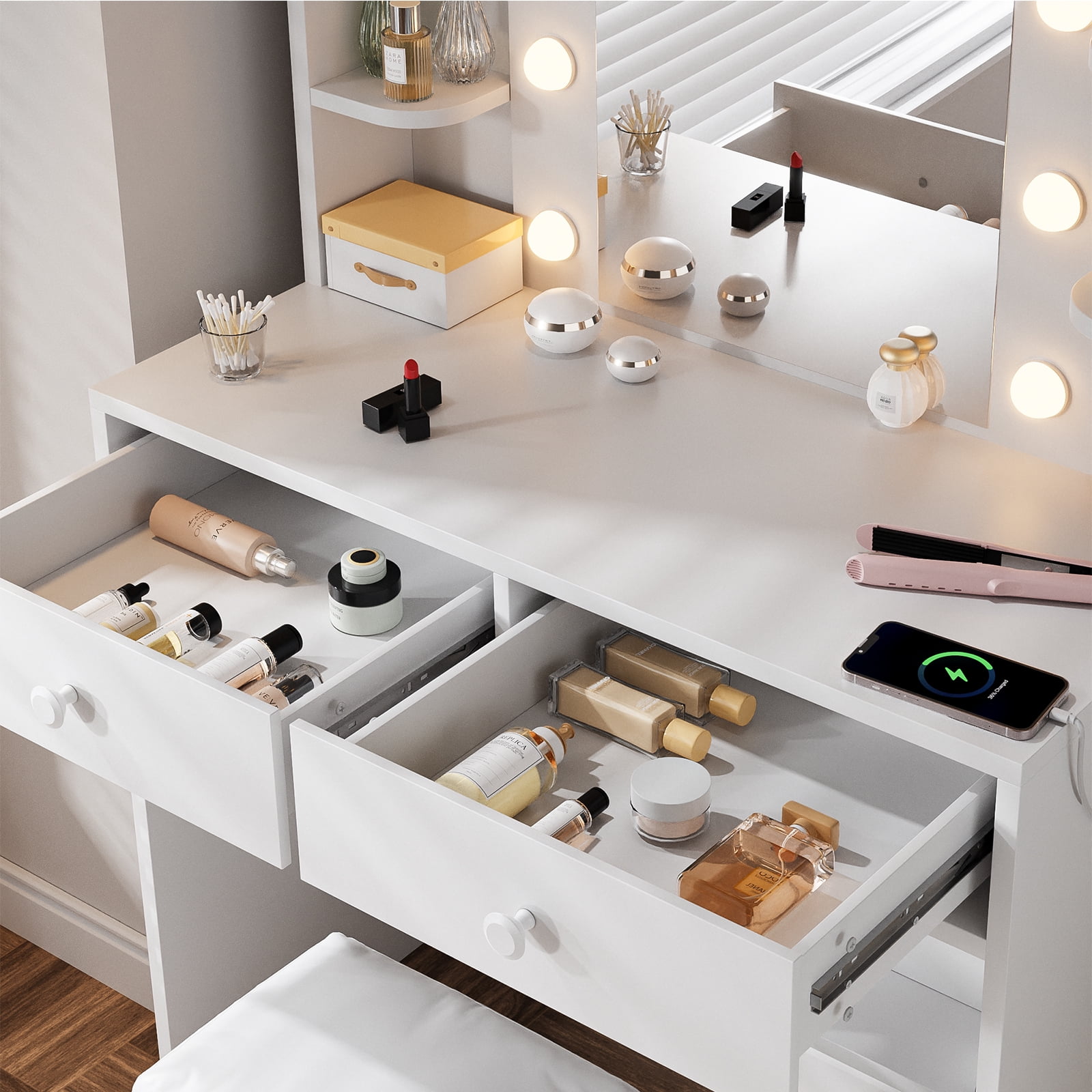 Haewon Vanity Desk with Mirror and LED Light, Power Outlets, Makeup Vanity with Large Capacity Drawers and Cushioned Storage Stool for Bedroom and Corner Space