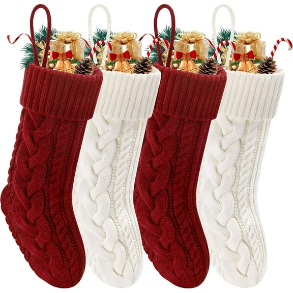 Christmas Stockings 4 Pack 18 Inches Large Size Knitted Stocking Christmas Decorations for Family Holiday Party Decor
