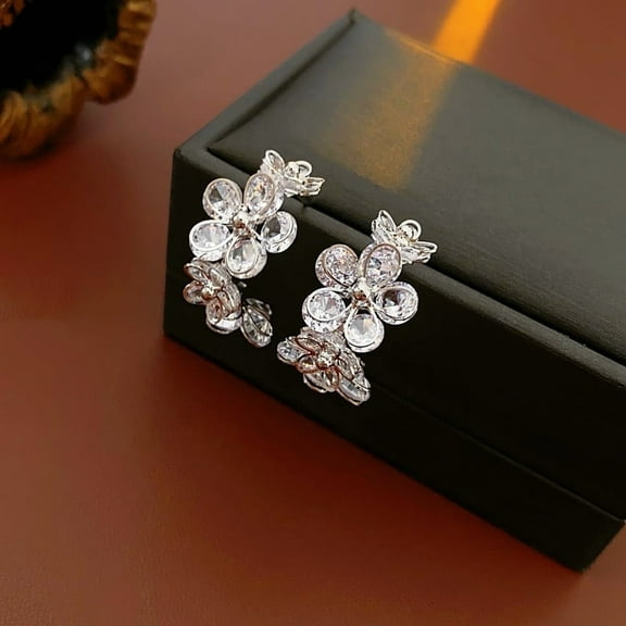 Velvora Silver Plated Hoops Earrings Open C Shape Zircon With Flower Design Earrings Hypoallergenic Trendy Jewelry Gifts for Women