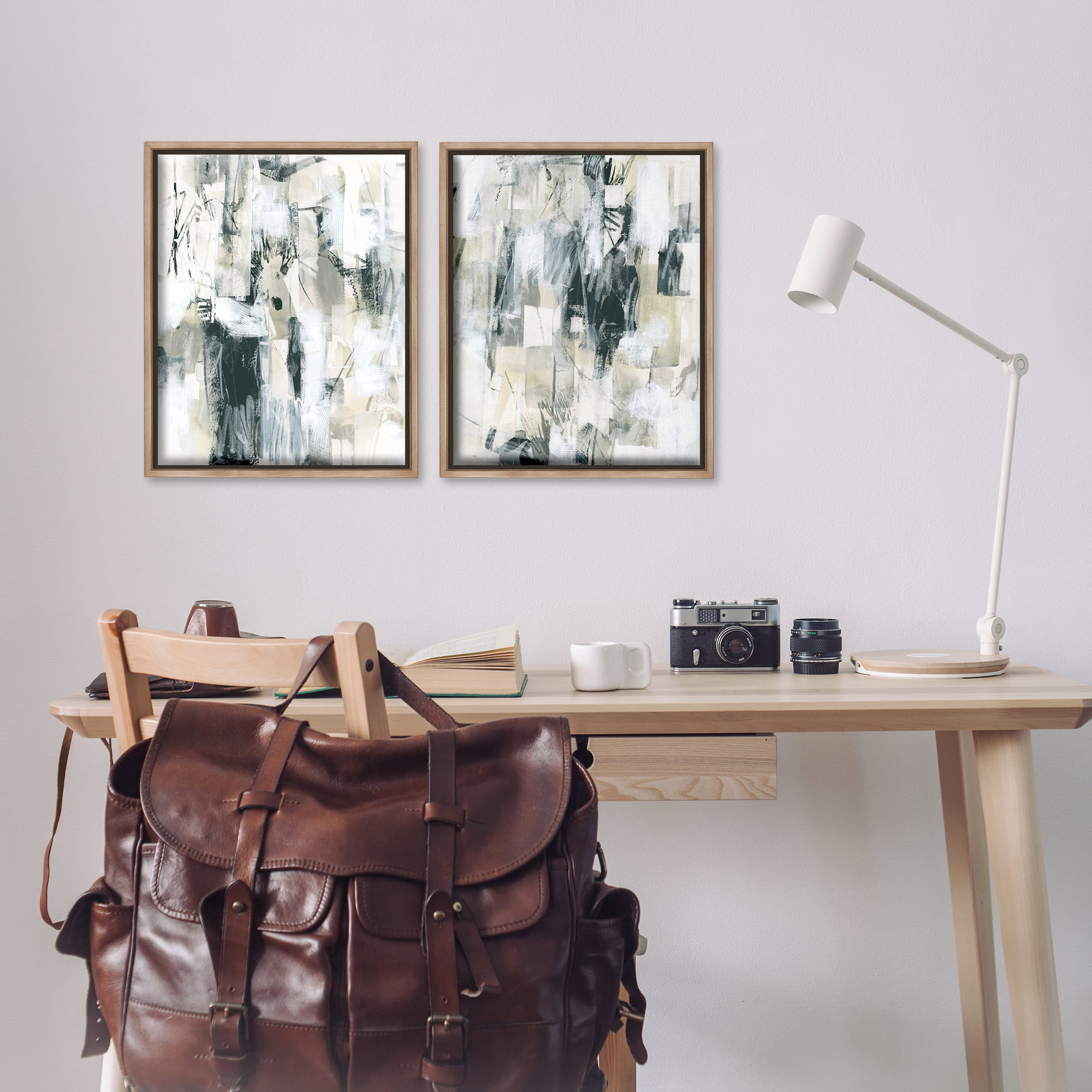 Stupell Industries Abstract Charcoal and Beige Abstract Painting Brown Floater Framed Canvas Art Print Wall Art, 17 x 21, Set of 2