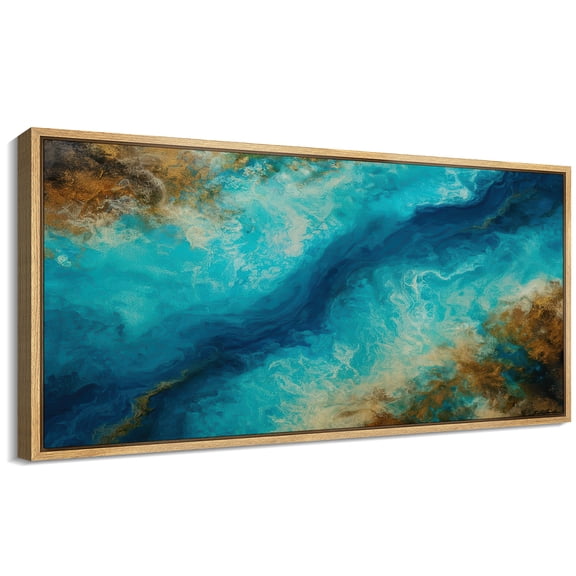 Large Framed Canvas Wall Art Abstract Blue Ocean Print for Living Room Decoration - 60"x30" Natural Framed