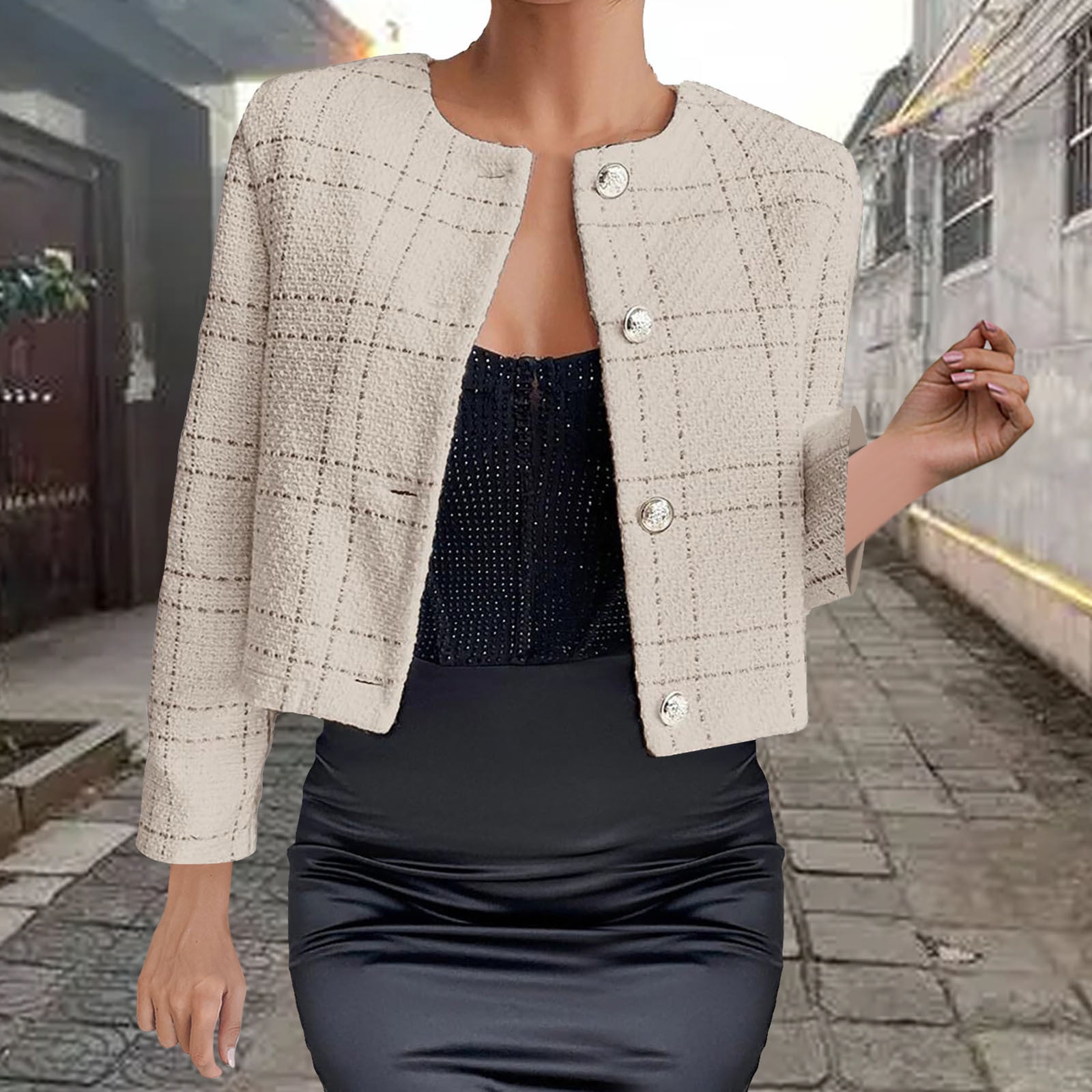 Women's Cropped Tweed Jacket – Collarless Button-Down Blazer For Business Casual, With Pockets