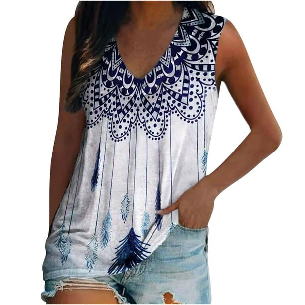 Blusa sin mangas con cuello en V para mujer de moda Camiseta con estampado retro étnico Tops sueltos Fridja qr5175