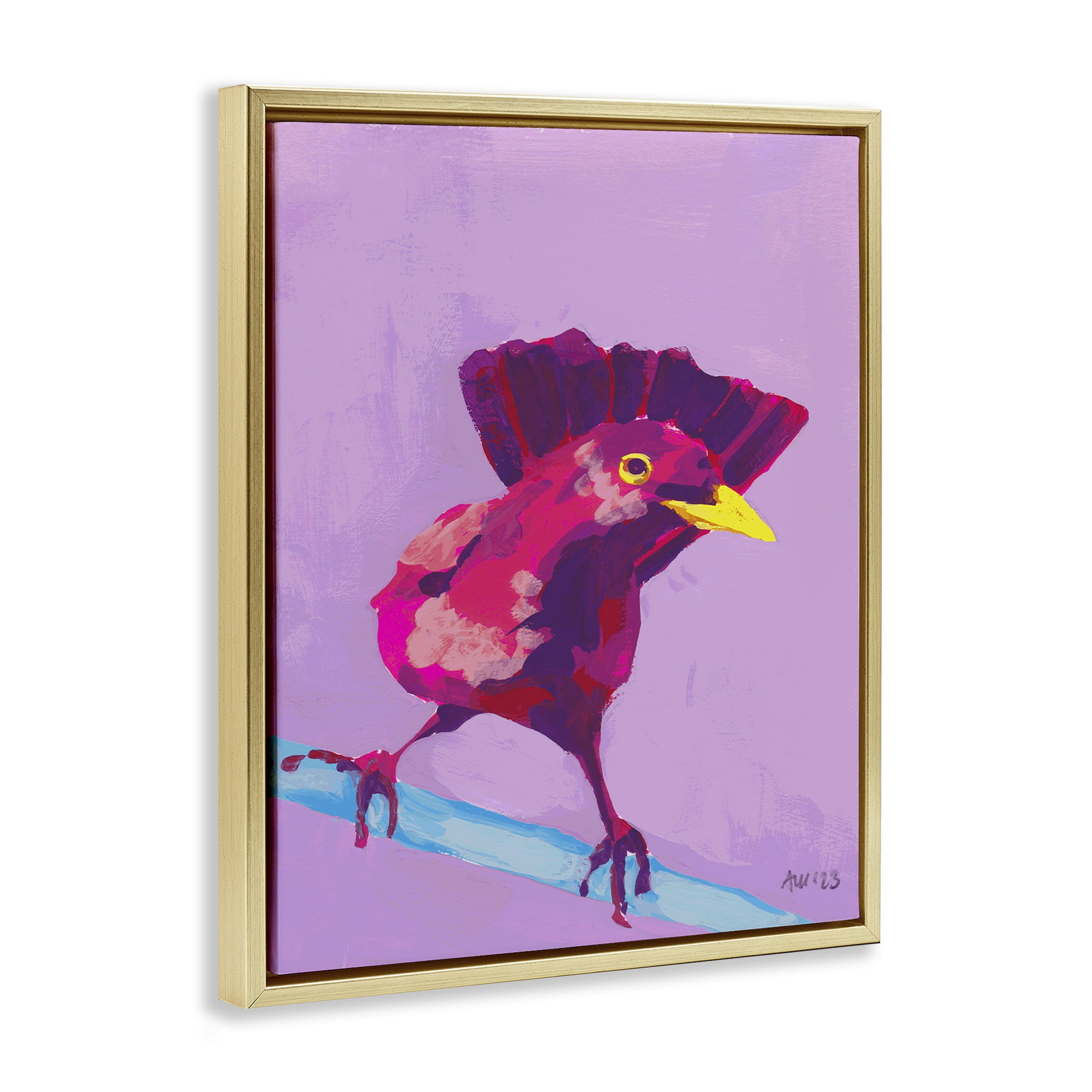 Stupell Industries Vivid Perched Bird Animals Painting Gold Floater Framed Canvas Art Print Wall Art, 25 x 31