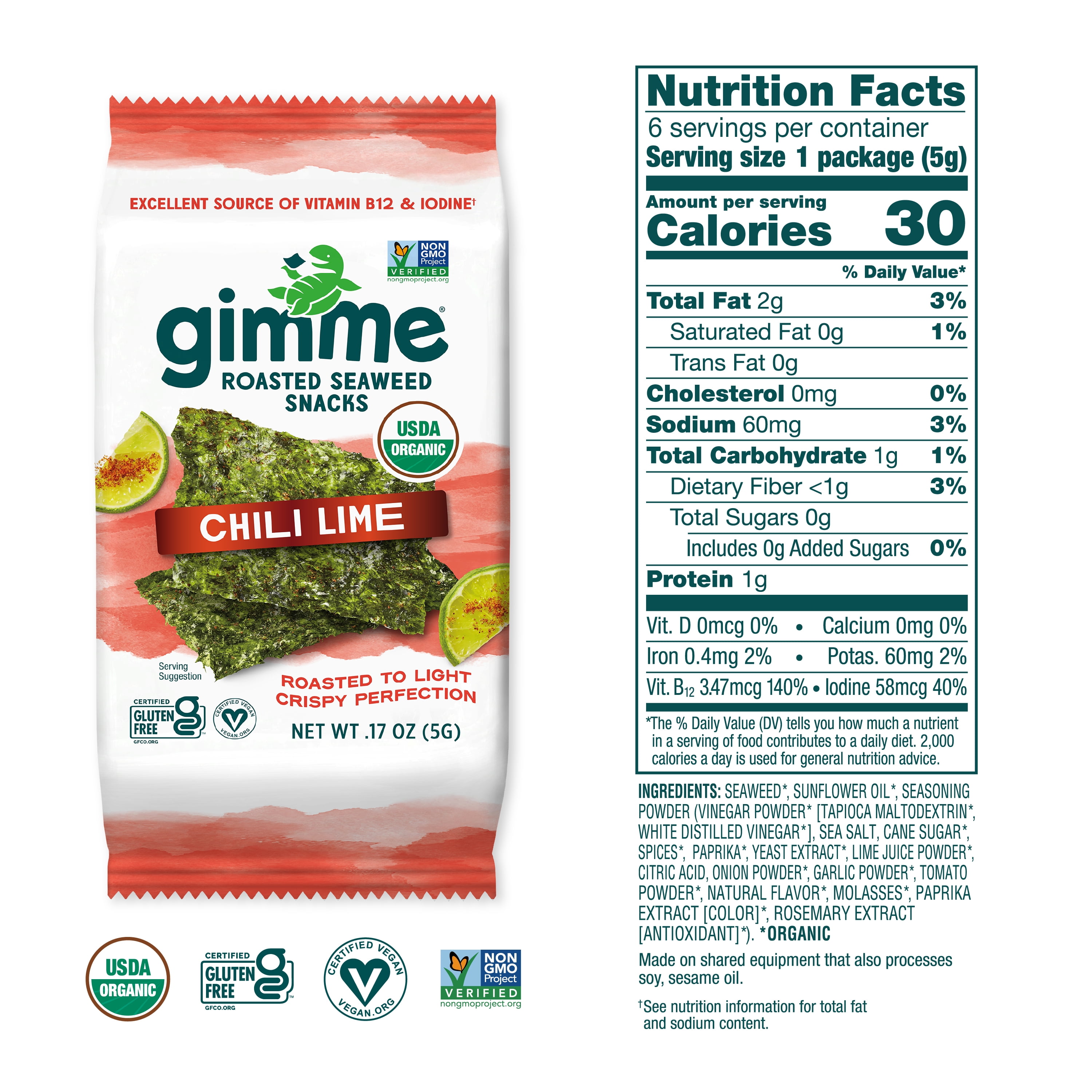 Gimme 20 Pack Chili Lime Seaweed, Premium Organic Roasted Seaweed Snacks, 5 gram, 0.17oz (20 Individually Wrapped Packs)