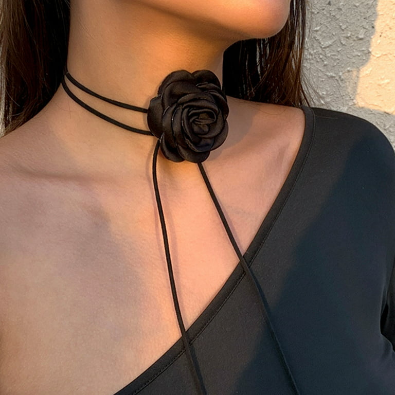Rygai Flower Necklace Long Tassel Solid Color Soft Fabric Rose Choker Elegant Dress-Up Exquisite Neck Wear Collar Women Gift,Wine Red, Women's, Size
