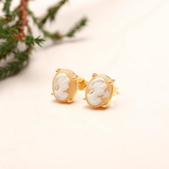 Vintage Cameo Stud Earrings – 925 Sterling Silver with Gold Plating – Classic Jewelry Gift for Women – Birthday, Anniversary, Mother's Day