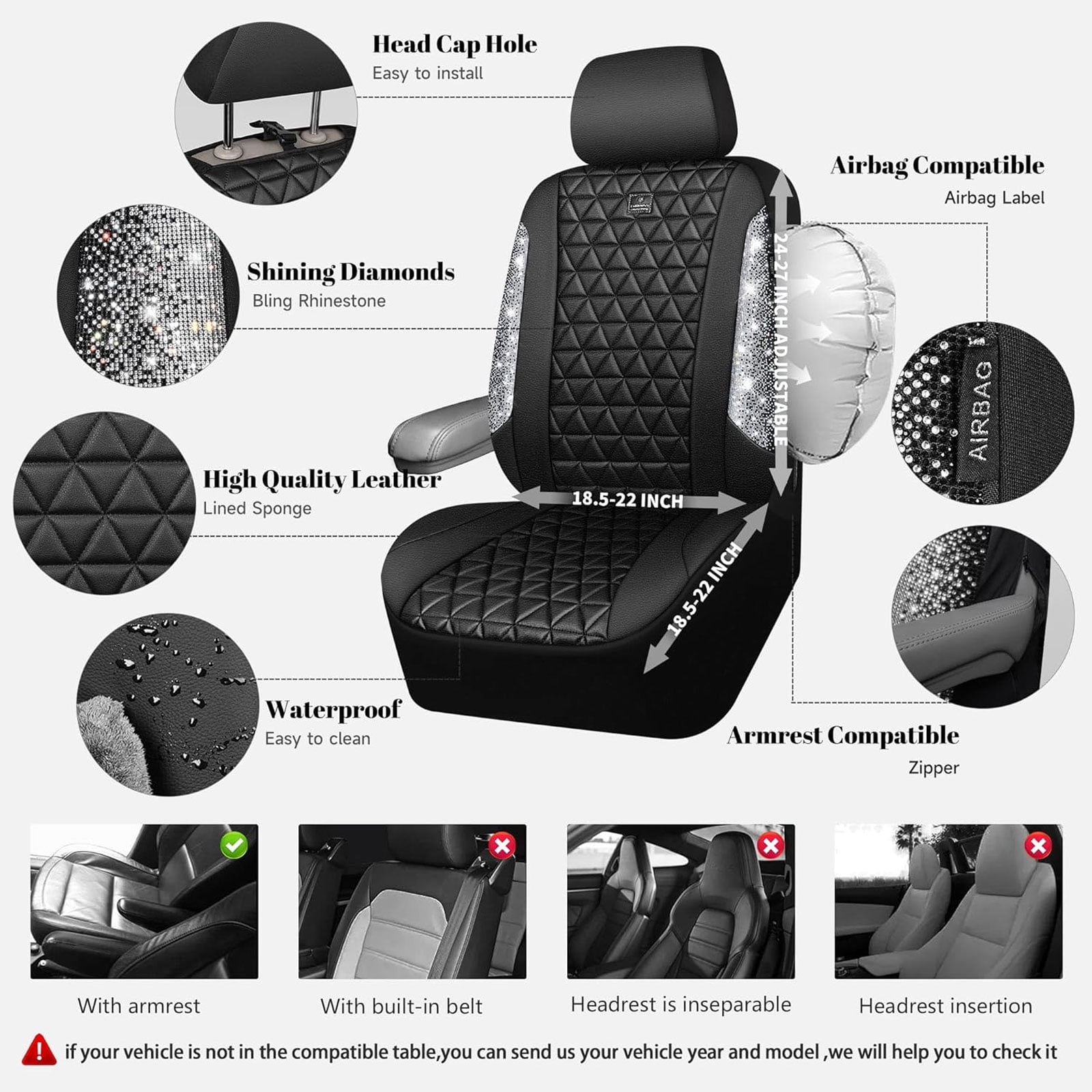 CAR GRAND Bling diamond leather automotive seat covers front pair water proof shining glitter sparkly crystal rhinestone universal armrest fit girl woman lady silver