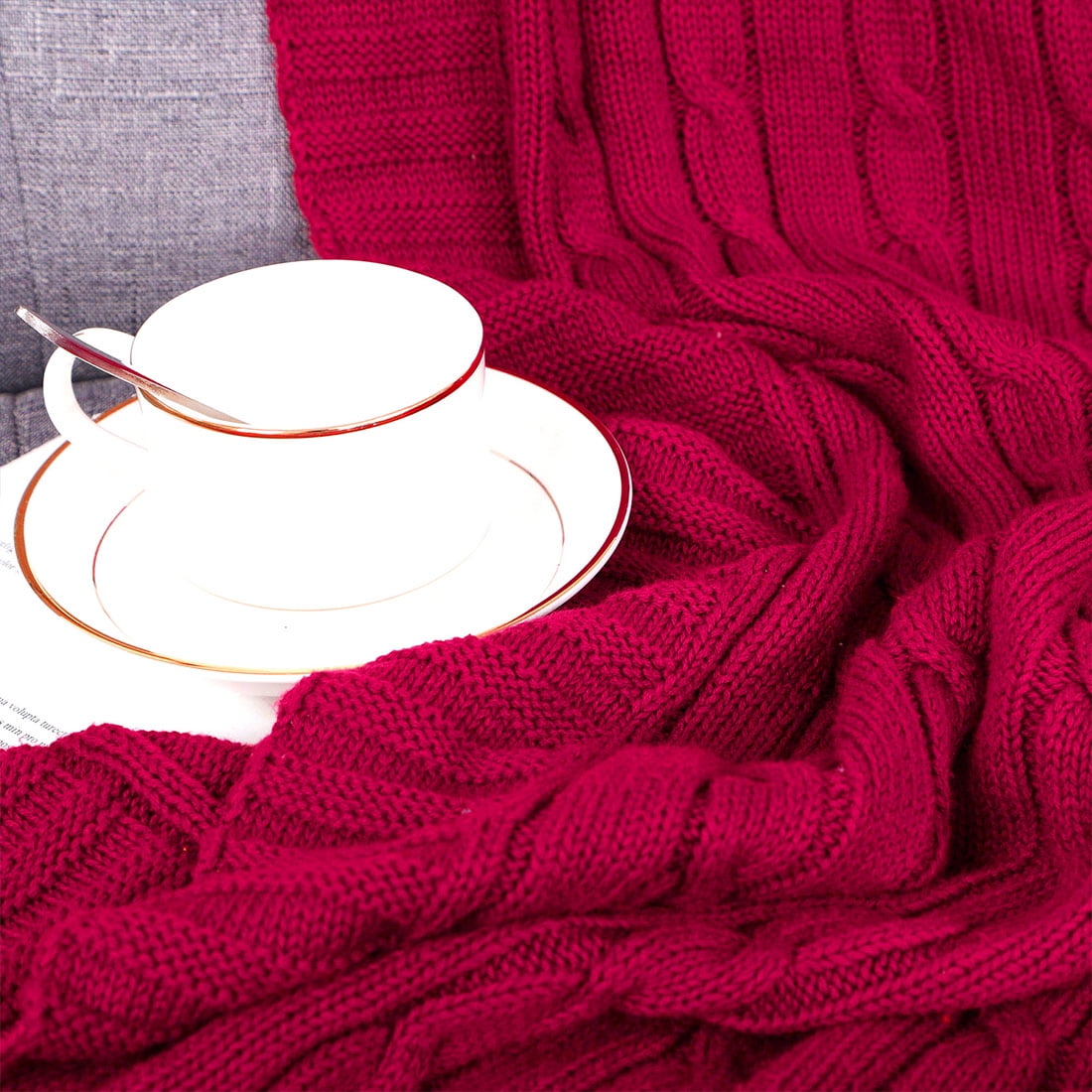 Unique Bargains Soft 100% Cotton Cable Knitted Throw Blanket For Couch Cardinal 50" x 60"