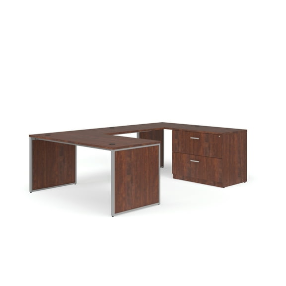 OFM Fulcrum Series Office Furniture Set, 66" U-Shaped Desk with Bridge, Credenza, Lateral Filing Cabinet, Leg Panels, in Cherry