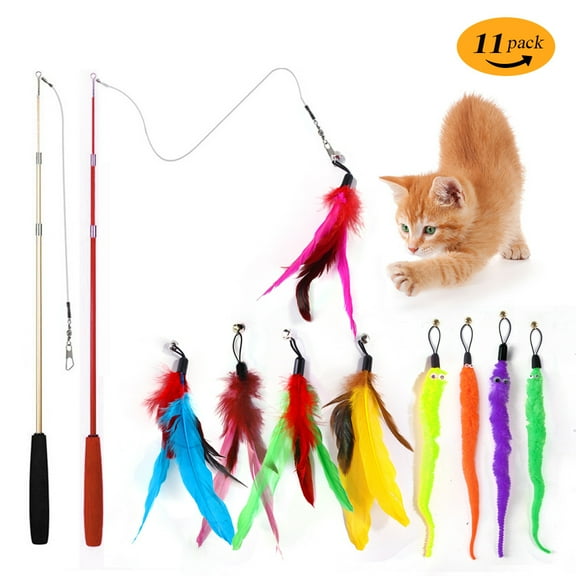 Cat Toys for Indoor Cats, Interactive Cat Toy 2PCS Retractable Cat Wand Toy and 9PCS Cat Feather Toys Refills, Funny Kitten Toys Cat Fishing Pole Toy for Bored Indoor Cats Chase and Exercise