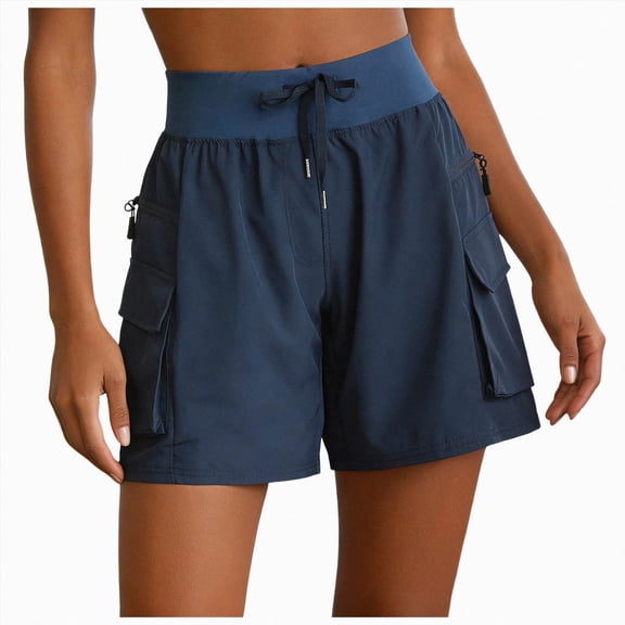 vigerkar Hiking Shorts Quick Dry Cargo Pockets Elastic Waist Drawstring Outdoor Travel Lightweight Athletic Shorts for Women, High Waisted Durable Performance (Navy, S)