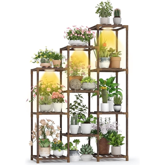 Wooden Plant Stand Indoor with Grow Light, 4-Tier Ladder Plant Shelf for Balcony, Living Room, or Corner | Carbonized Wood Plant Holder for Indoor Use, Space-Saving Design