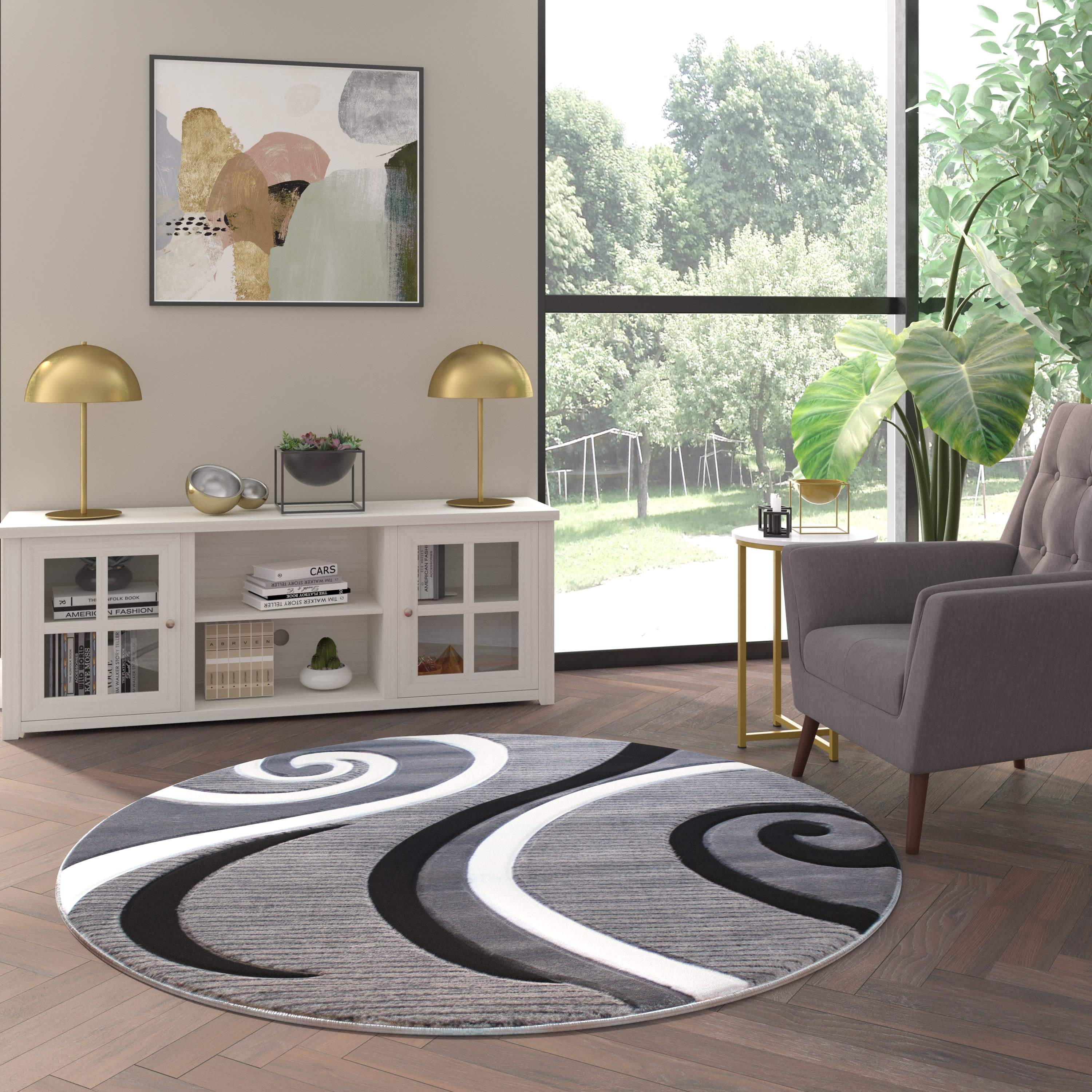 Emma + Oliver 5x5 Round Accent Rug with Modern 3D Sculpted Swirl