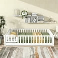 thumbnail image 7 of Full Size Floor Bed Frame, Solid Wood Platform Bed with Fence Railings and Door, Montessori Floor Bed Frame with Support Slats for Kids, Boys, Girls, No Box Spring Needed, White, 7 of 7