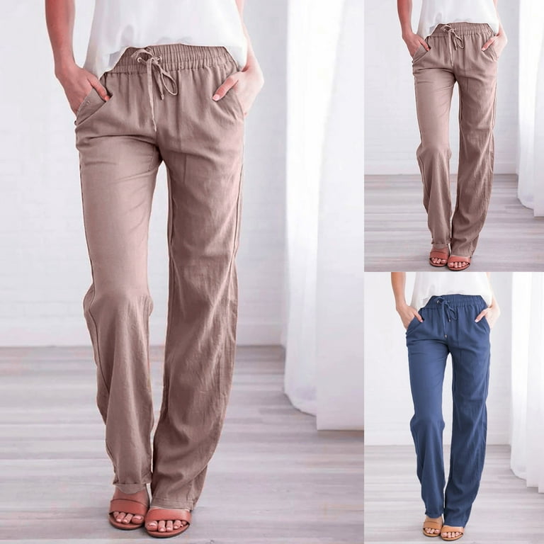 HTNBO Plus Size Hiking Pants Women Casual Solid Color Drawstring Elastic  Waist Pant Comfy Wide Leg Straight Long Trousers