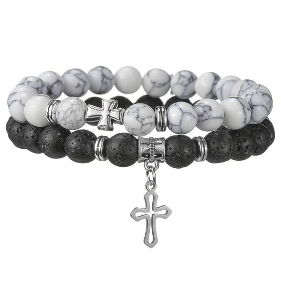 2Pcs Men's Cross Beaded Bracelet Set, White Howlite & Lava Stone Christian Wristbands
