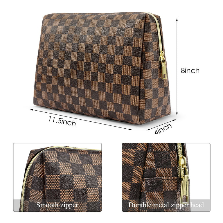 Checkered Makeup Bag, Portable Leather Large Cosmetic Bag, Large Capacity  Travel Cosmetic Bag for Women, Lightweight Design and Waterproof Toiletries  Bag ,Brown 