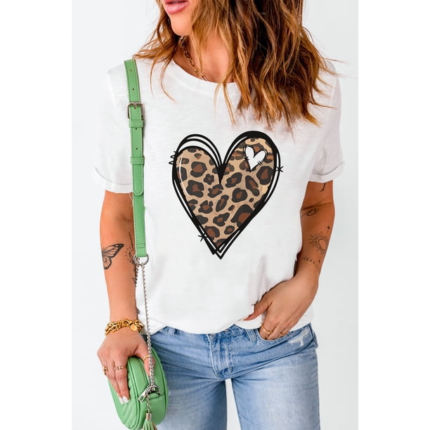 ABPHQTO Camiseta de San Valentín con estampado de corazón de leopardo blanco para mujer